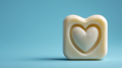Fototapeta premium A heart-shaped chocolate against a soft blue backdrop, perfect for expressing love and affection