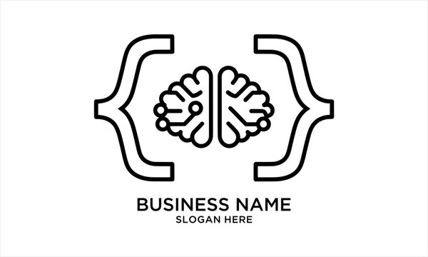 Brain and code brackets logo design concept for technology and AI.