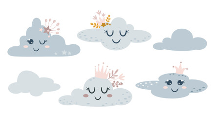 Obraz premium Cute cartoon clouds clipart set, Kawaii celestial designs, Sky objects, Kids hand drawn vector illustrations.