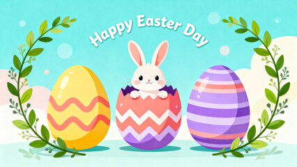 Happy Easter Day Card with Bunny in Cracked Egg Shell and Decorative Eggs, Cute Spring Holiday Illustration