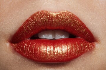 Obraz premium Close-up of woman's lips, red with gold shimmer