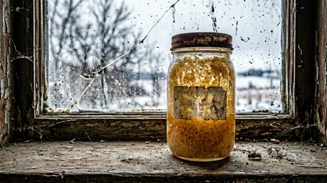 Abandoned jar with forgotten objects in decaying window sill vintage rustic nostalgia