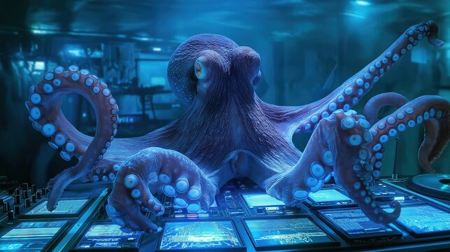 Giant blue octopus operating complex futuristic electronic control panels and digital displays in an underwater laboratory, surreal marine technology, ai ocean control, sci-fi