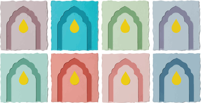Set of 8 colorful paper cut mosque arch designs with yellow drop shapes isolated PNG with Transparent Background