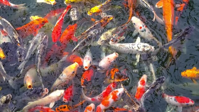 Koi Pond: A vibrant collection of Koi fish of diverse colors and patterns swimming gracefully in a tranquil pond, reflecting the beauty and harmony of nature.