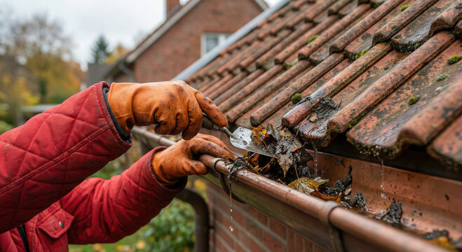 Person cleaning autumn leaves and debris from a house gutter roof