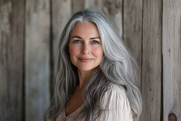 Fototapeta premium Beautiful middle-aged woman with long gray hair