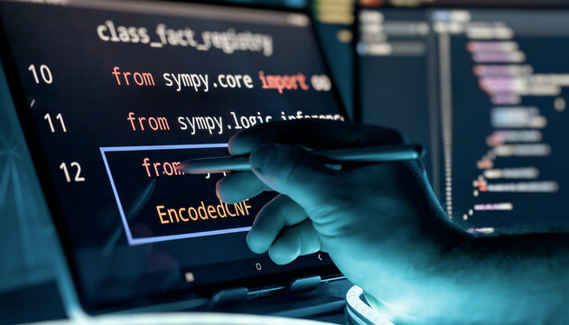 Programmer Editing Source Code with Stylus on Touchscreen in Futuristic Software Development Workspace