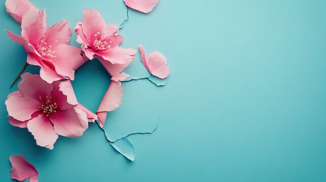 A delicate ripped paper hole on a robin's egg blue background, adorned with scattered pink blossom petals. This beautiful spring-themed design is perfect for weddings, invitations, and beauty products