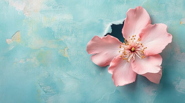 A delicate ripped paper hole on a robin's egg blue background, adorned with scattered pink blossom petals. This beautiful spring-themed design is perfect for weddings, invitations, and beauty products