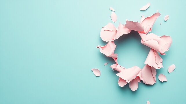 A delicate ripped paper hole on a robin's egg blue background, adorned with scattered pink blossom petals. This beautiful spring-themed design is perfect for weddings, invitations, and beauty products