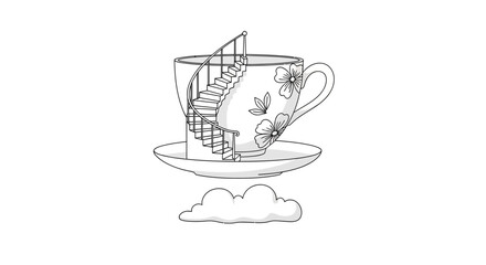 Whimsical Teacup Staircase Floating Among Clouds