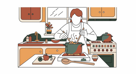 Woman cooking healthy food in a modern kitchen, illustration style