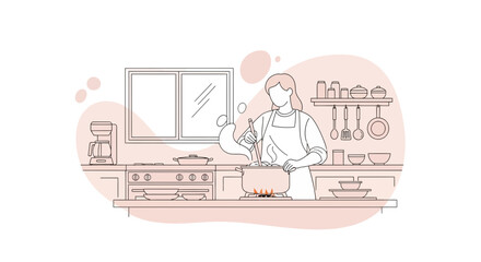 Woman Cooking in Kitchen, Line Art Illustration, Home Cuisine, Healthy Food Preparation