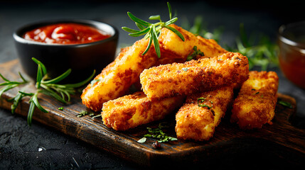 A plate of traditional Cypriot halloumi cheese sticks on a wooden board with tomato sauce. Background illustration of traditional Cypriot food.