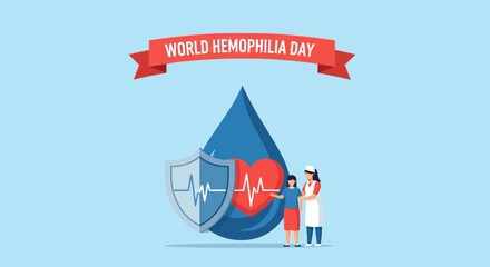 World Hemophilia Day Awareness: Medical Care, Blood Drop, Heart, Shield