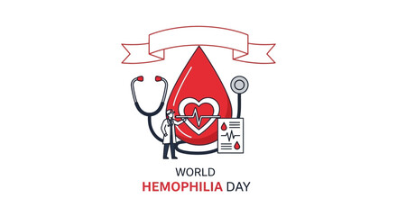 World Hemophilia Day Concept: Blood Drop with Heart, Stethoscope, Doctor, ECG