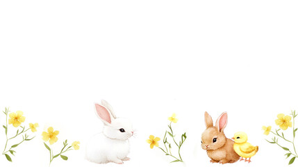 Obraz premium Easter background with cute rabbits and chick with flowers in spring-themed illustration copy space