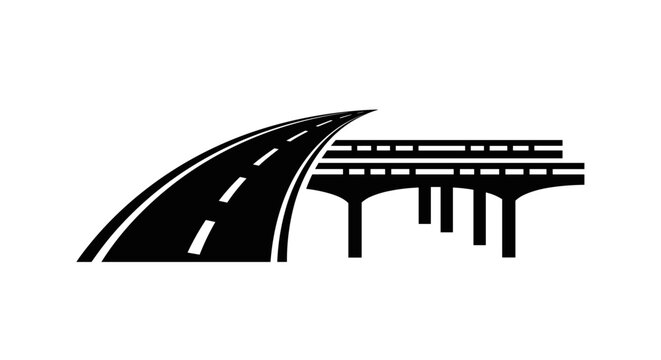 Dynamic black and white illustration of a curving road and an elevated highway structure.