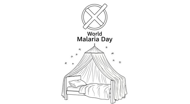 World Malaria Day illustration: Bed with mosquito net and flying insects