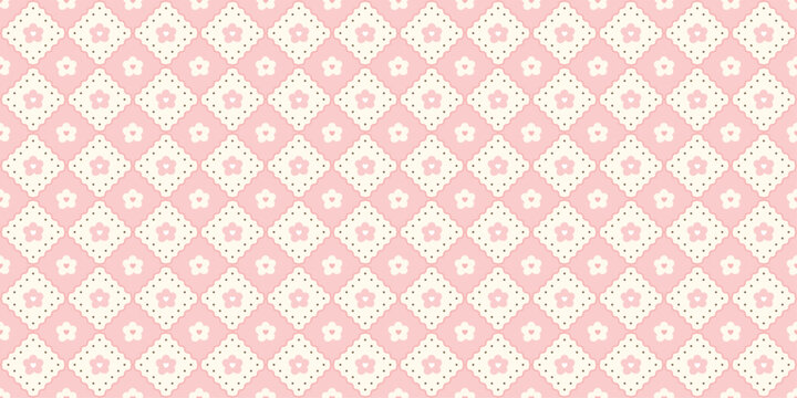 Spring preppy lace seamless pattern with daisy. Trendy floral background. Pink tablecloth texture. Diagonal cross line. Cute print for fabric and textile. Vector illustration