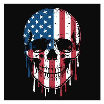 Skull with American Flag Face and Dripping Paint United States