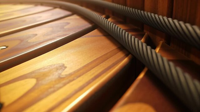 Wooden 3D stage with organic podium concept. Close up of wooden deck with warm sunlight and coiled rope for outdoor or nautical theme