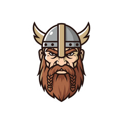 Fierce Viking warrior with braided beard and horned helmet, aggressive expression, illustration