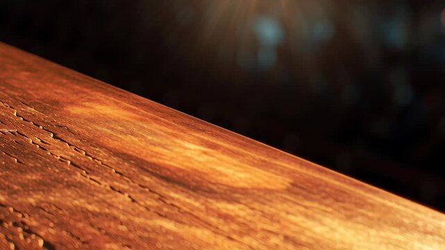Wooden 3D stage with organic podium concept. Close up of warm wooden tabletop surface with natural texture and soft lighting