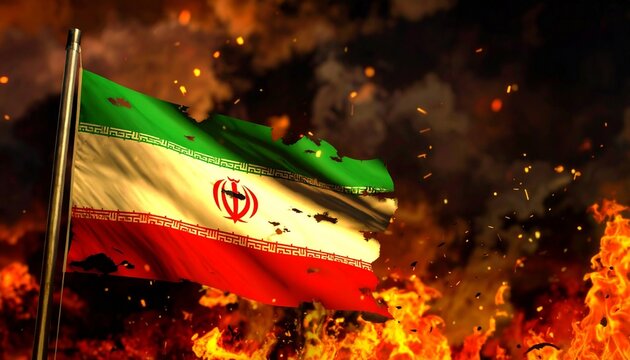 Iran flag with fire and smoke background
