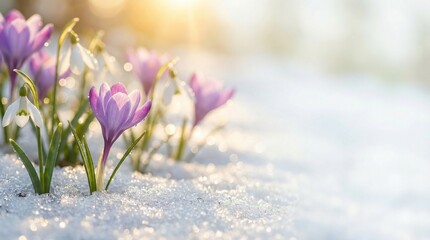Spring Snowdrops and Crocuses Growing Through Melting Snow with Copy Space
