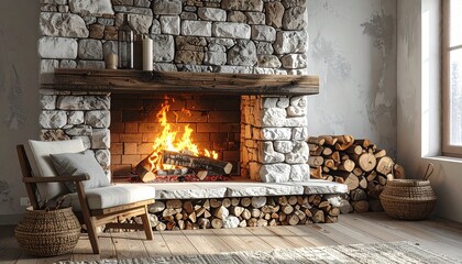 Naklejka premium Cozy fireplace with crackling fire in a rustic stone hearth for winter ambiance and relaxing atmosphere.