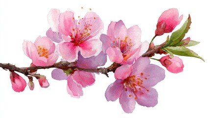 Naklejka premium Branch of delicate pink flowers with vibrant green leaves against a plain white backdrop