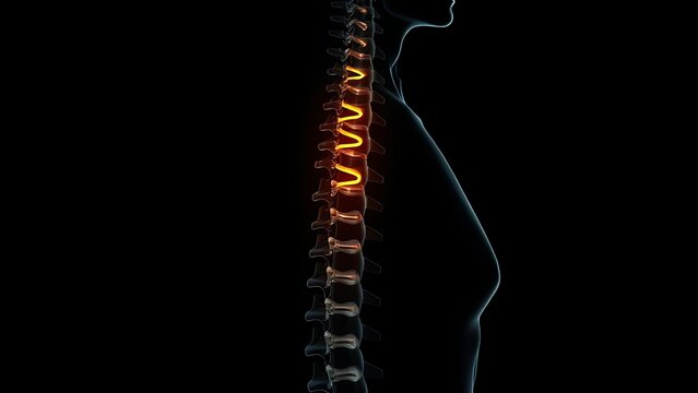 culpability. X-ray silhouette of a human spine with a subtle golden coil ascending within the vertebrae. STEM education sheets, lab safety posters, designed for biotech research communications.
