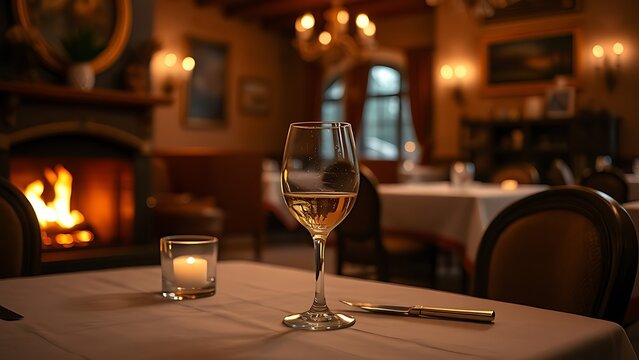 epilogue. A cozy dining room with a fireplace and a glass on the table. real-estate listings, architecture portfolios, designed for real-estate listing and luxury residence showcases.