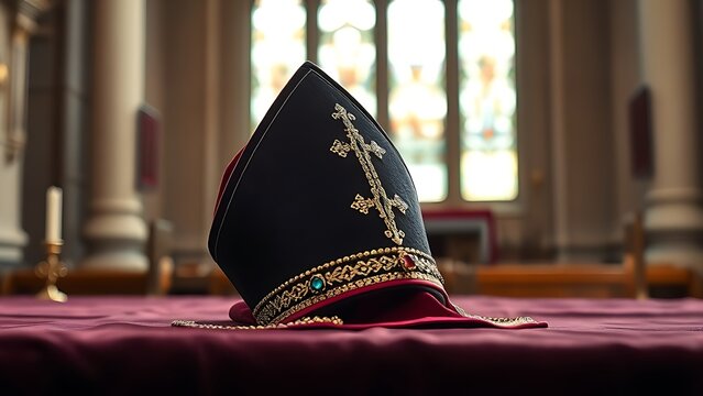 mitre. A bishop's ceremonial hat resting on dark velvet cloth, gemstones gleaming. event programs, museum guides, designed for cultural heritage projects and event programs, supports education.