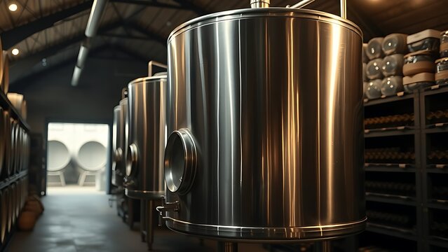 fermenter. Large stainless steel fermenter in a dimly lit wine cellar. bar promotions, beverage menus, designed for food & beverage menus and cafe branding, elevates brand perception.