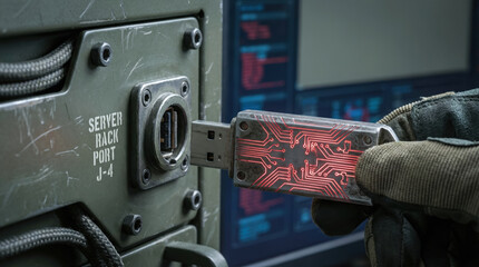 Ai warfare cyber warfare strategic ai concept with soldier hand inserting red circuit usb drive into military server rack port