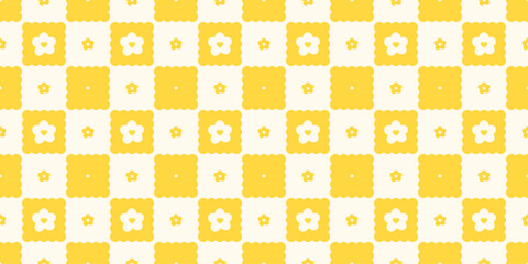 Naklejka na ściany i meble Sprint Time Yellow Checkered Seamless Patter with Daisy. Wave rhombus with lace. Repeating print for textile and fabric. Cute tablecloth texture. Vector illustration background