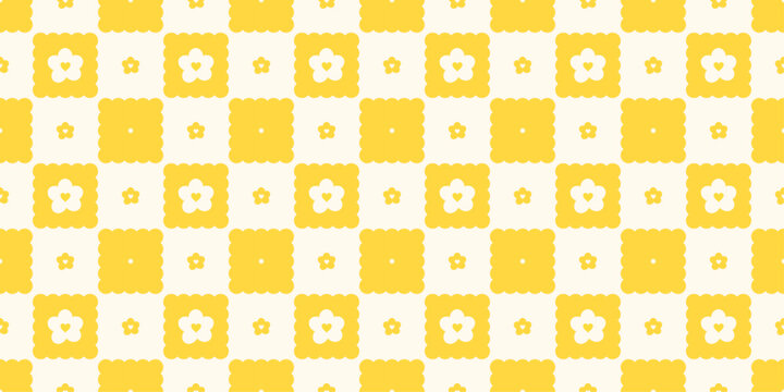 Sprint Time Yellow Checkered Seamless Patter with Daisy. Wave rhombus with lace. Repeating print for textile and fabric. Cute tablecloth texture. Vector illustration background