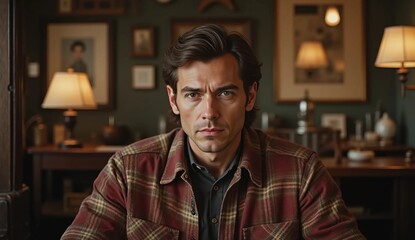 Obraz premium Serious handsome middle-aged man in plaid shirt looking at camera in a vintage office interior.