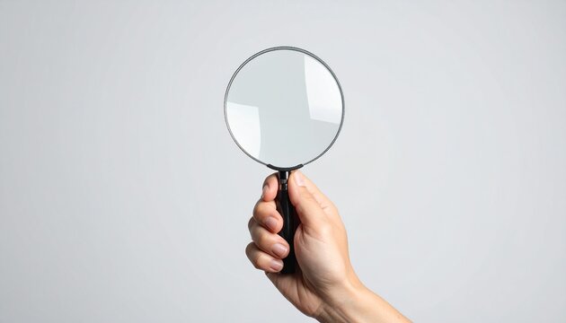 Hand Holding a Magnifying Glass Against a White Background Exploring Clarity Investigation Research and Discovery.
