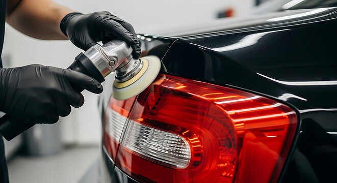 Car polishing service and detailer working on car tail light using polishing machine