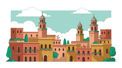 Vibrant vector illustration of a charming old town with churches and houses