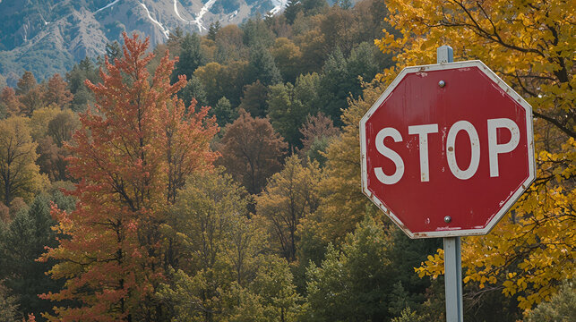 Stop sign with changing colors of autumn trees