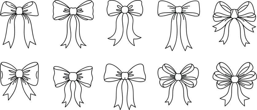 Hand drawn bow ribbon outline collection, decorative gift bows sketch set, festive holiday ornament vector illustration