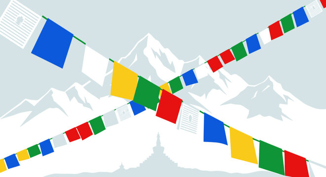 Colorful Prayer Flags Fluttering Against Majestic Mountain Peaks.