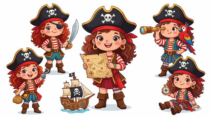 Cute Pirate Girl Cartoon Characters Collection Vector Illustration