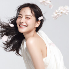 美しい肌の女性と桜が舞う春の背景