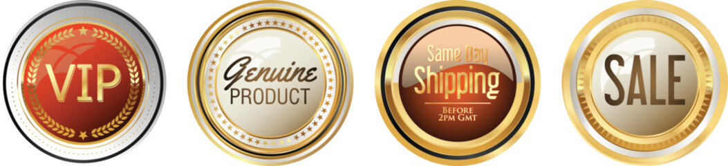 Collection of gold and silver sale and shopping badges